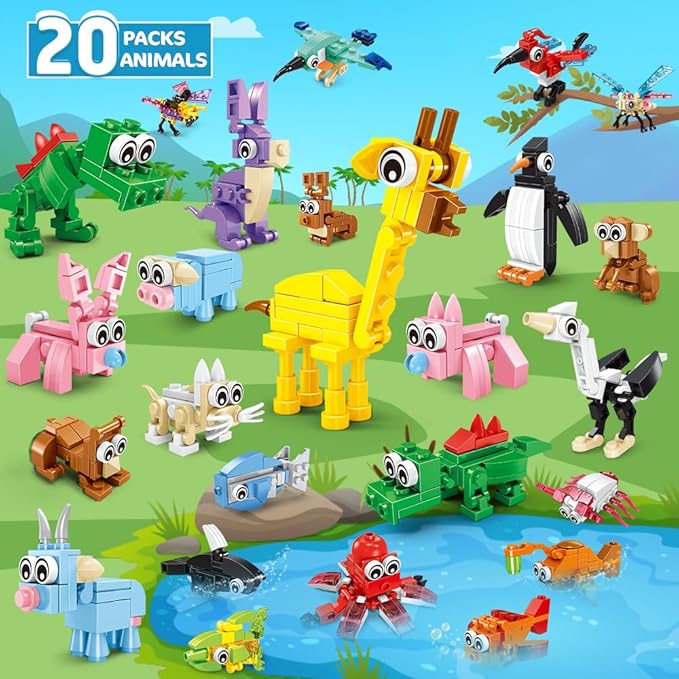 HOGOKIDS 20 Packs Party Favors for Kids, 60 Kinds of Mini Animals Toy Building Block Set for Easter Valentines Day Classroom Prizes Goodie Bag Stuffers Birthday Gifts for Boys Girls Ages 6-12+