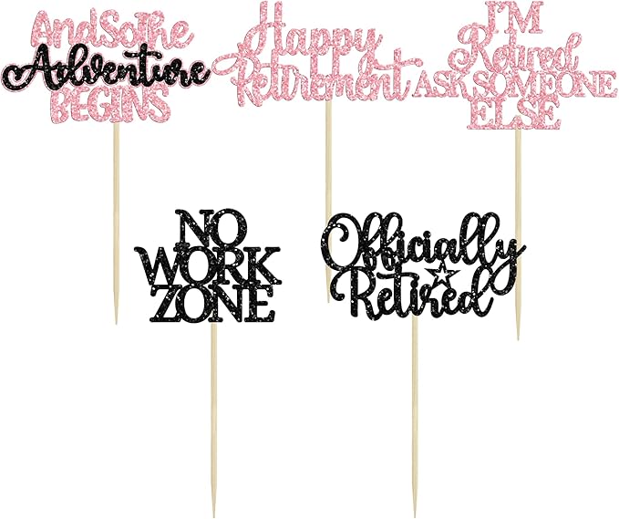 Gyufise 30Pcs Happy Retirement Cupcake Toppers Officially Retired Cake Toppers No Work Zone Adventure Begins Cupcake Picks for Retirement Theme Farewell Birthday Party Decorations Supplies Pink Black