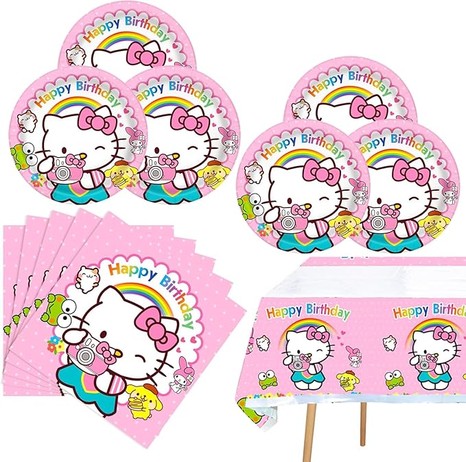 41 pcs Pink Cat Party Decoration Hello Cat Pink Kite Including 1pc Tablecover 20 pcs 7 inches Plates and 20 pcs 6.5 inches Napkins Cat Theme Birthday Party Decoration Favor Sets (41pcs pink)