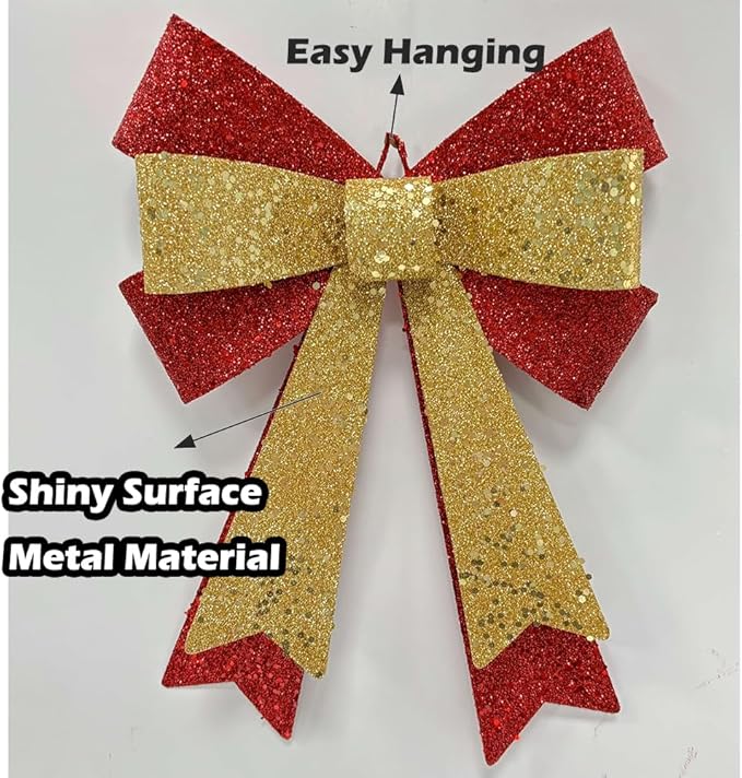 Metal Sparkly Christmas Red Bow Wall Decoration Hanging Xmas Red Bow for Wreath Christmas Tree Topper Ornaments Outdoor Indoor Christmas Decorations for Party Front Door Porch Home