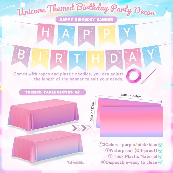 195Pcs Unicorn Birthday Party Supplies with Plates Cups Napkins Straws Cutlery, Unicorn Themed Birthday Decorations with Banner and Tablecloths, 24 Serves Unicorns Disposable Tableware Set for Party
