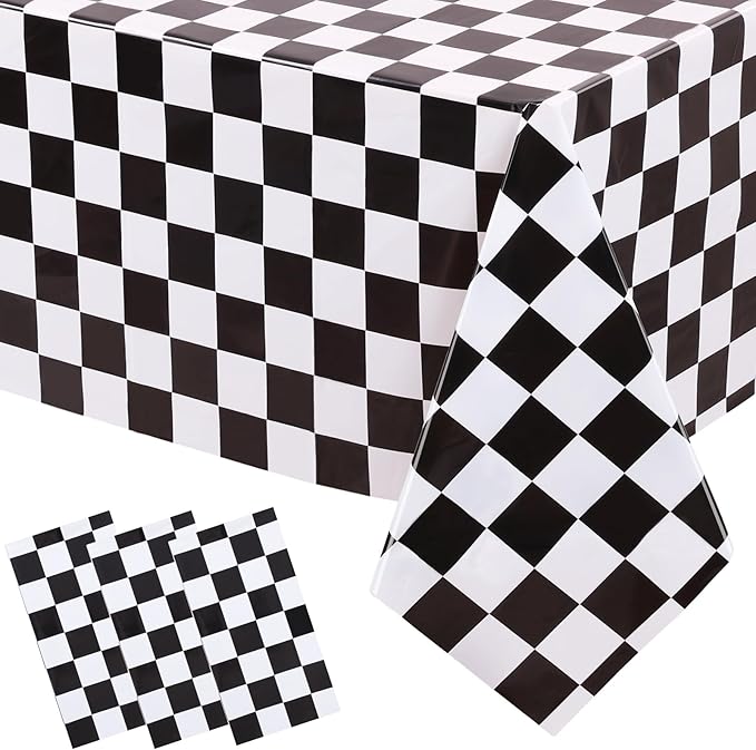 3 Packs Black and White Checkered Tablecloth 54 x 108 Inch Plastic Checkered Table Cloth Disposable Race Car Theme Party Tablecloths for Outdoor Picnic Parties