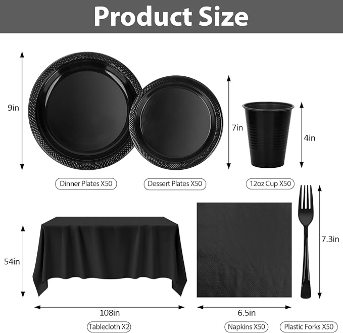 Black Plastic Plates for Party,50 Guest Disposable Plastic Plate Set 9" Plates,7" Dessert Plates,Napkins,Cups,Forks & Tablecloth for Birthday,Halloween,Christmas Parties,Graduations