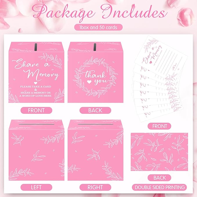 Pajean 50 Pcs Share a Memory Cards for Collections of Life, Memory Cards Box for Guest Ideas Funeral Graduation Wedding Bridal Shower Birthday Anniversary Retirement(Pink)