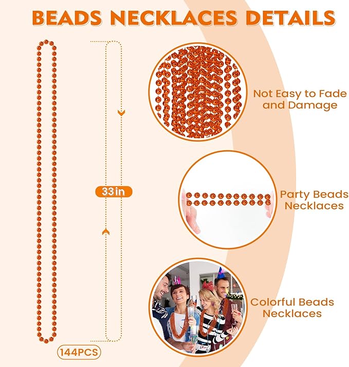 SHAOQINLIN 144 PCS Orange Bead Necklace, Orange Mardi Gras Beads, Halloween Necklaces, 33 Inch Party Beads Necklace Round Beaded Necklace for Mardi Gras, Christmas, Halloween