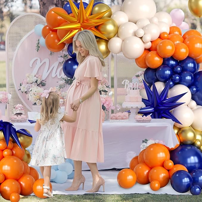Orange and Blue Balloon Arch Garland Kit, Navy Royal Blue Gold Orange Balloons Garland Kit with 4D Star Chrome Latex Balloons for Birthday Baby Shower Graduation Thanksgiving Party Decorations