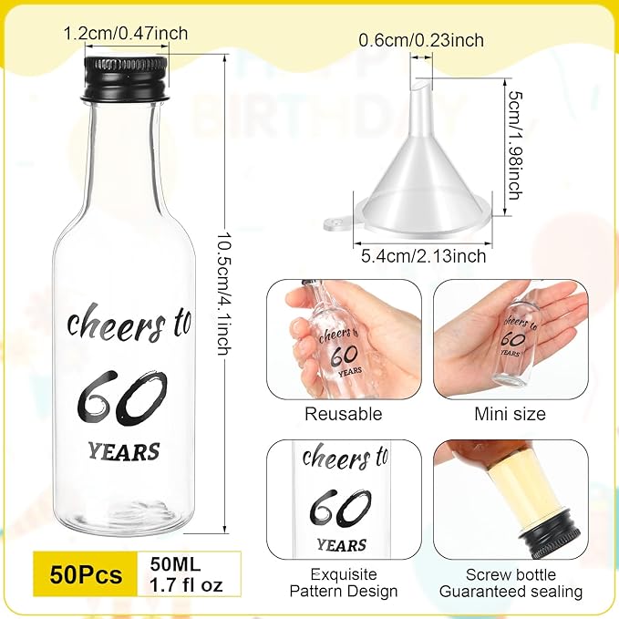 Bokon 50 Pcs Cheers to 60 Years Mini Liquor Bottles 1.7 oz Mini Wine Bottles for Guests Women Men 60th Birthday Anniversary Wedding Celebration Party Favors
