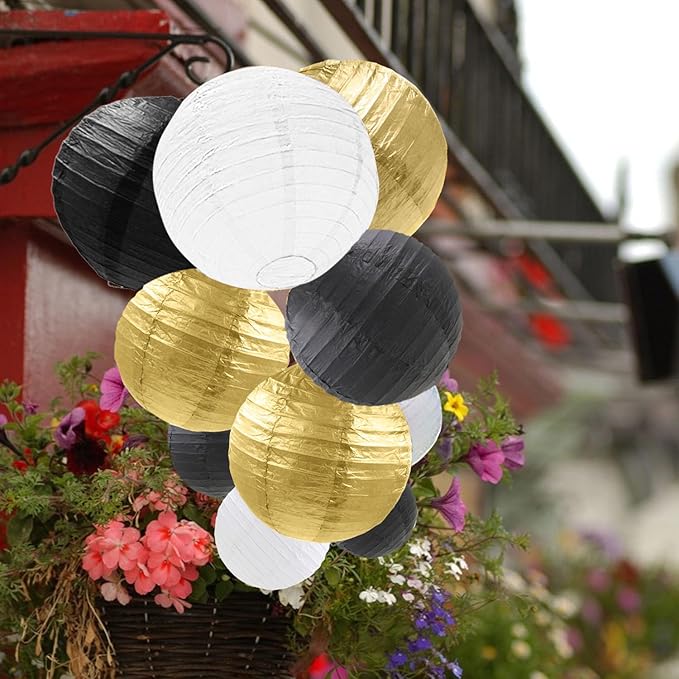 12 Pcs Black Gold White Paper Lanterns Black Gold Hanging Paper Lanterns for New Year Wedding Graduation Anniversary Birthday Party Home Graden Decor