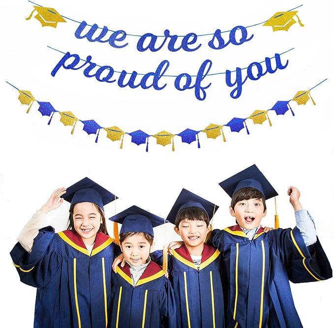 Navy-Blue White-Gold Party-Decoration Graduation Banner - 8pcs Kits Cap Garland Streamers, Paper Tissue Pom Poms Flowers,We are So Proud of You Grad Graduation 2026 Decor Lasting Surprise