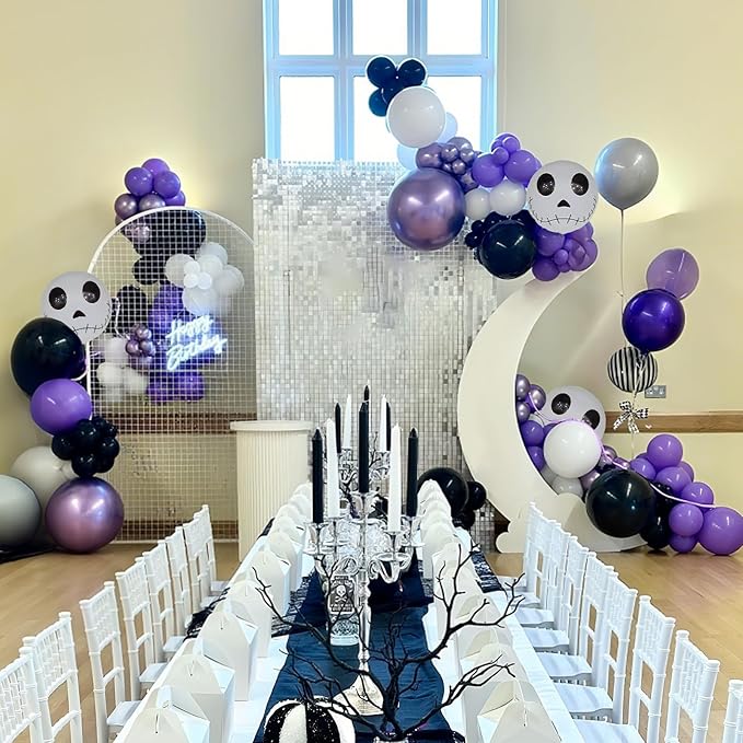 Skull Halloween Birthday Party Decorations Metallic Purple Black Silver Balloon Garland Arch Kit with Stripe Skull Balloons for Ghost Skeleton Trunk or Treat Halloween Birthday Baby Shower Decorations