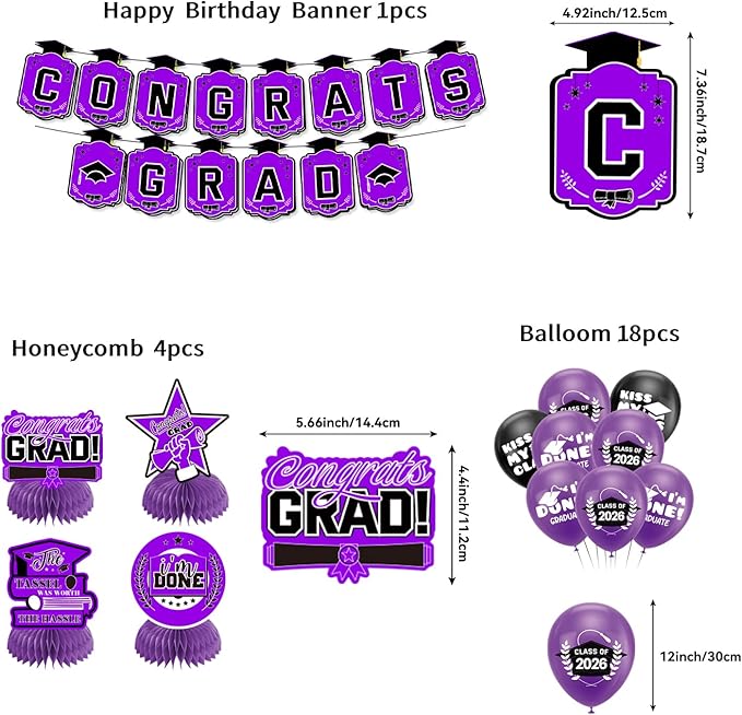 Graduation Decorations 2026 Purple Themed Set - Congrats Grad Banner, Class of 2026 Backdrop, Balloons & Streamers Kit - Complete Party Supplies for High School & College Celebrations