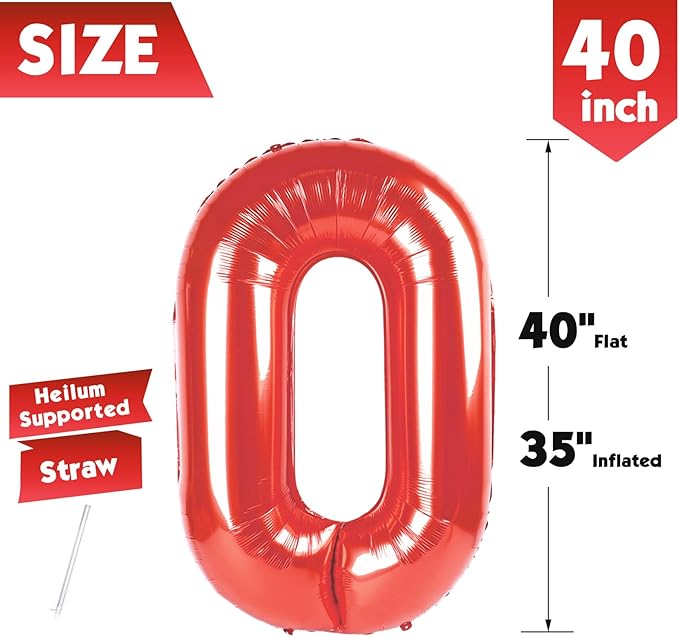 40 Inch Red Number 0 Balloon, Giant Number 0 Balloons for 10th 20th 30th 40th Birthday Decorations, Party Supplies for Baby Boy Girl, Red Party Decor