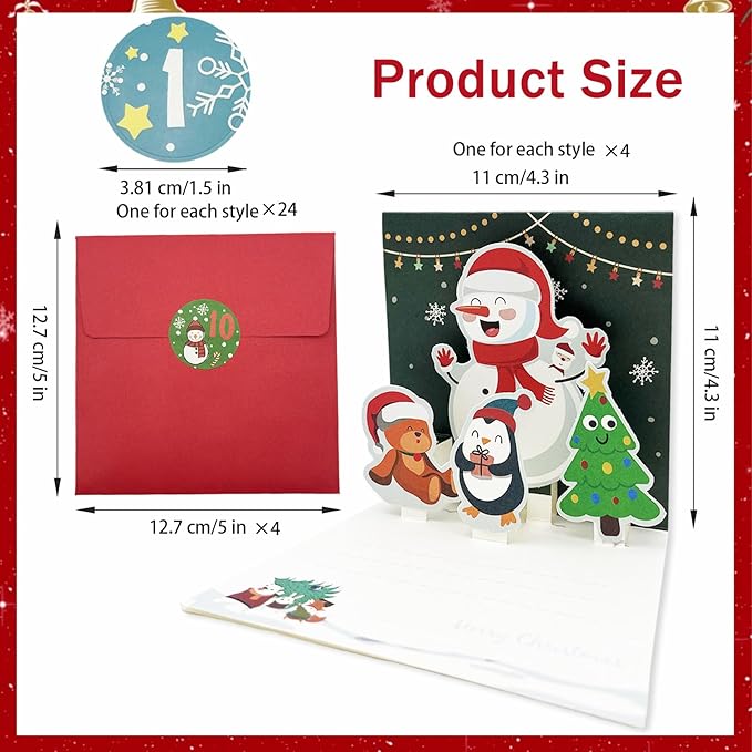 4 Christmas Cards Pack Small Pop Up Christmas Gift Cards with 24 Envelopes Stickers,3D Cute Holiday Greeting Card Santa Snowman,can be given to friends, family, children, boys and girls (baise)