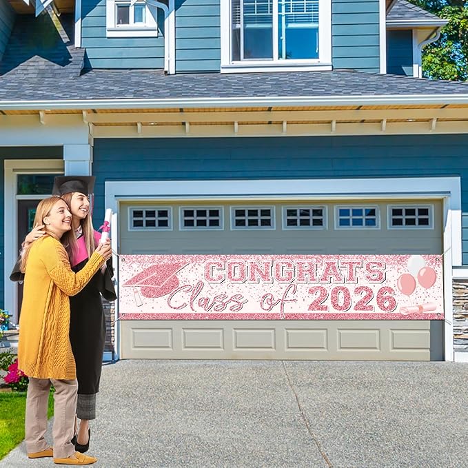 Pink Graduation Party Decorations Class of 2026 Banner Congrats Grad Rose Gold Graduation Yard Sign Banner for High School College Party