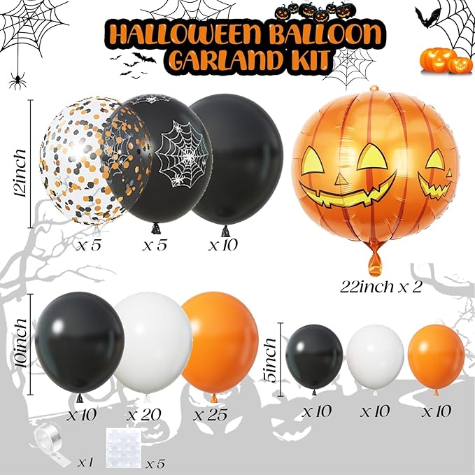 Orange Black Halloween Balloon Arch Garland Kit with 4D Pumpkin Foil Balloon, 110pcs Spider Web Print Halloween Latex Balloons for Kids Trick or Treat Baby Shower Birthday Party Decoration Supplies