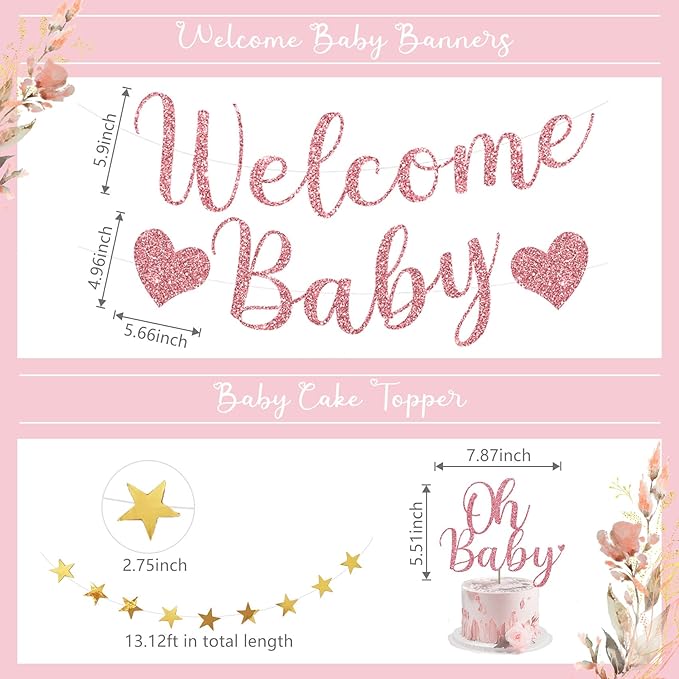 Amandir Dusty Pink Girl Baby Shower Decorations Welcome Baby Banner, Cake Topper, Paper Lanterns, Gold Balloons Pom Poms Flowers Tassels, Circle Dots Star Garland Gender Reveal Birthday Party Supplies