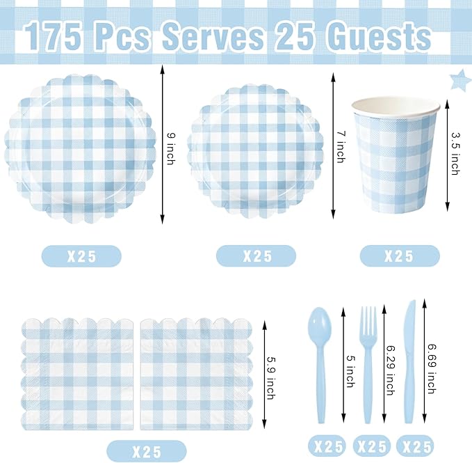 175 PCS Blue Gingham Party Supplies Includes Light Blue Gingham Paper Plates, Cups, Napkins, Cutlery for Wedding Bridal Shower Birthday Baby Shower Party Decorations, Serves 25