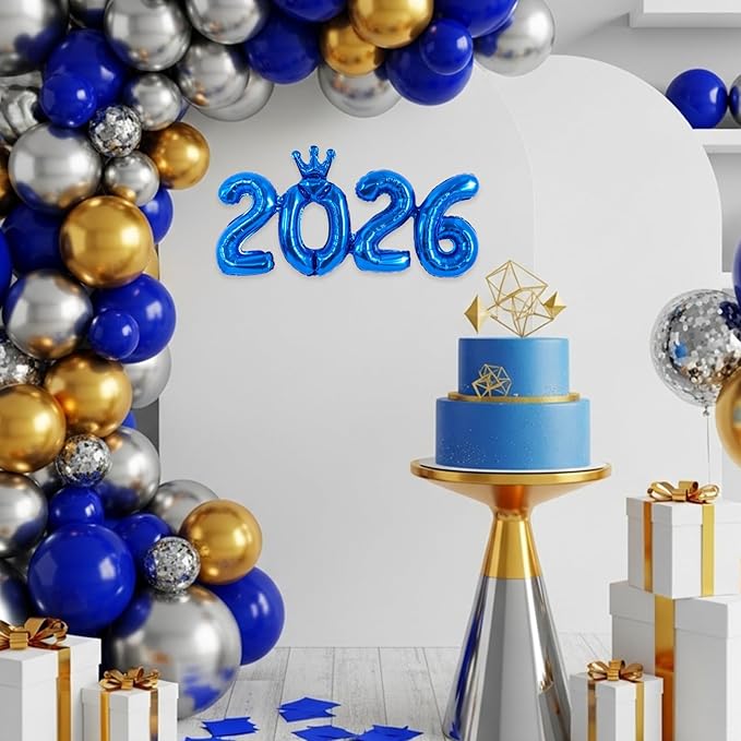 TONIFUL 2026 Navy Blue Crown Foil Number Balloons 16 Inch Navy Blue Number Banner 2026 Graduation Aluminum Foil Mylar Balloons for New Year Eve Christmas Anniversary Party Supplies