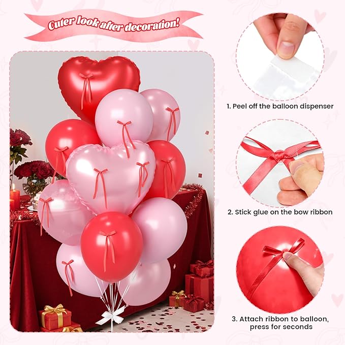 Paready Red Heart Balloons, 38 Inch Pink Bow Balloons, Pearl Pink Red Valentine Balloon Latex and Bow Heart Shaped Foil Balloon for Girls Birthday Bridal Baby Shower Valentines Decorations