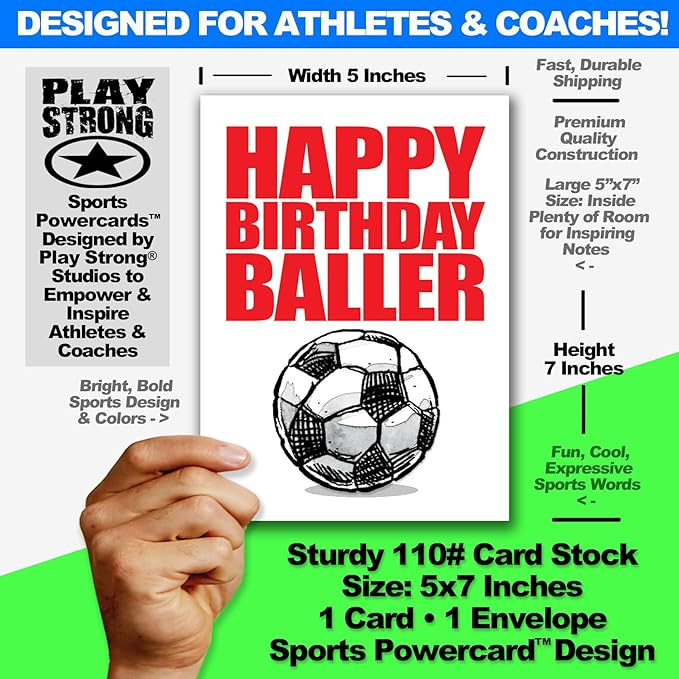Play Strong Soccer Happy Birthday Baller Birthday Card, 5x7 Inch, Multicolor, Includes Envelope