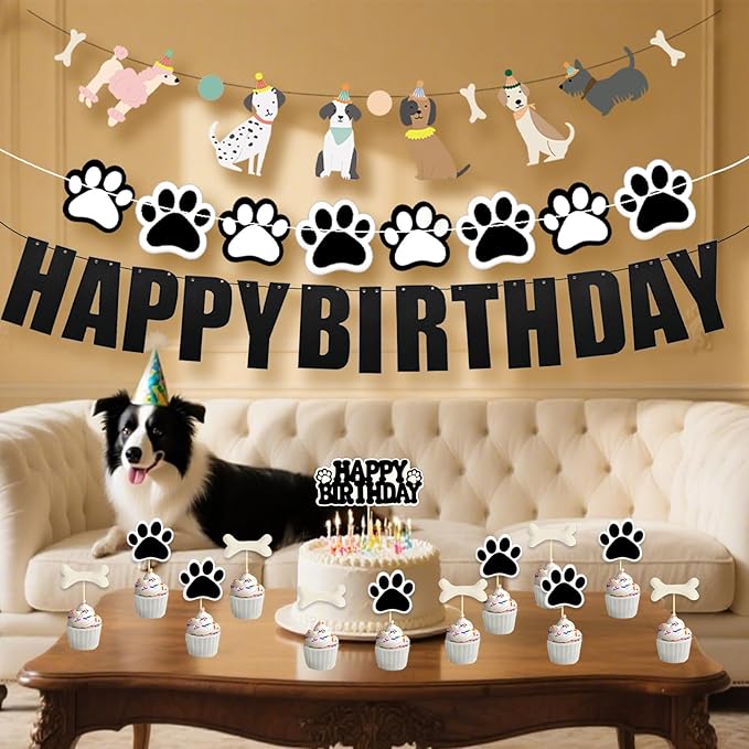 Dog Themed Puppy Paw Cake Toppe Happy Birthday Party Banner for Girls & Women DIY Party Supplies (Banner+Cake Topper)