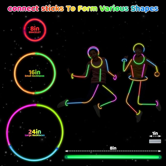 Mega-L 100 Pcs Glow Sticks Bulk Party Pack, Glow in the Dark Party Supplies, 8" Ultra Bright Glow Necklaces and Glow Bracelets with Connectors for Neon Glow Birthday Party, New Years Eve Party Favors
