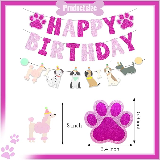 Dog Themed Puppy Paw Hot Pink Glitter Happy Birthday Party Banner for Girls & Women DIY Party Supplies (Glitter Paw Banner)