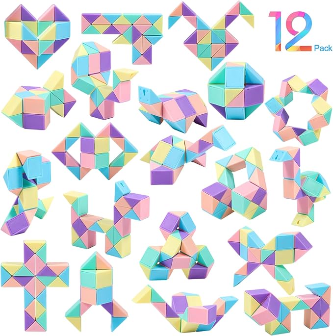 12 Pack Magic Snake Cube Fidget Toys for Kids - 24 Blocks MacaronTwist Puzzle, Party Favors, Classroom Prizes, Birthday Goodie Bag Fillers, Stress Relief Sensory Toys