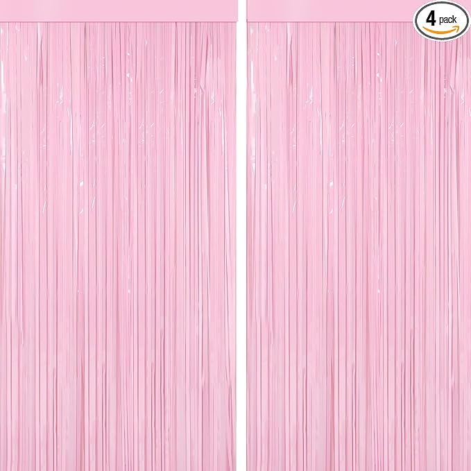 4 Packs Pastel Pink Foil Fringe Curtain, Baby Pink Metallic Tinsel Backdrop for Birthday, Wedding, Baby Shower, Princess Bachelorette Cowgirl Bow Party Decorations Supplies