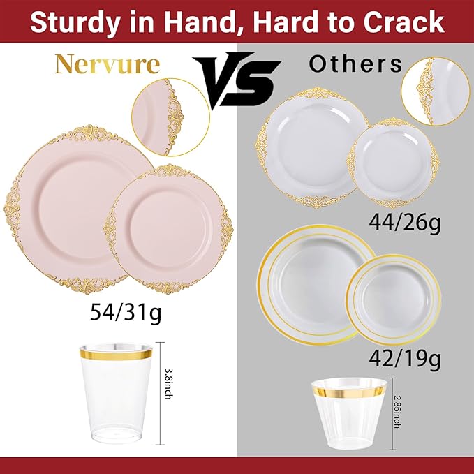 Nervure 350PCS Pink Plastic Plates - Pink Plastic Dinnerware Sets for 50 Guests - 100 Disposable Plates, 150 Gold Silverware, 50 Cups, 50 Napkins Perfect for Wedding & Party & Easter