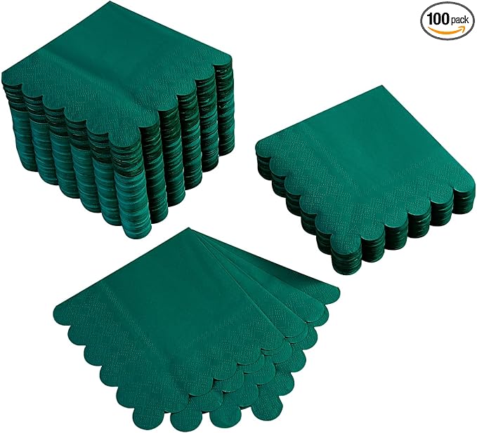 100 Pack Cocktail Napkin 2-Ply Scalloped Edged Dessert Napkins Folded 5 x 5 Inches Disposable Napkins for Dinner Wedding Birthday Party Bridal Anniversary Reception Event (Dark Green)
