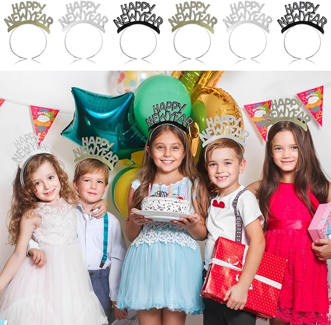 Amosfun HAPPY NEW YEAR Headband Tiara New Years Party Favors Gold Silver Black 12 Pieces
