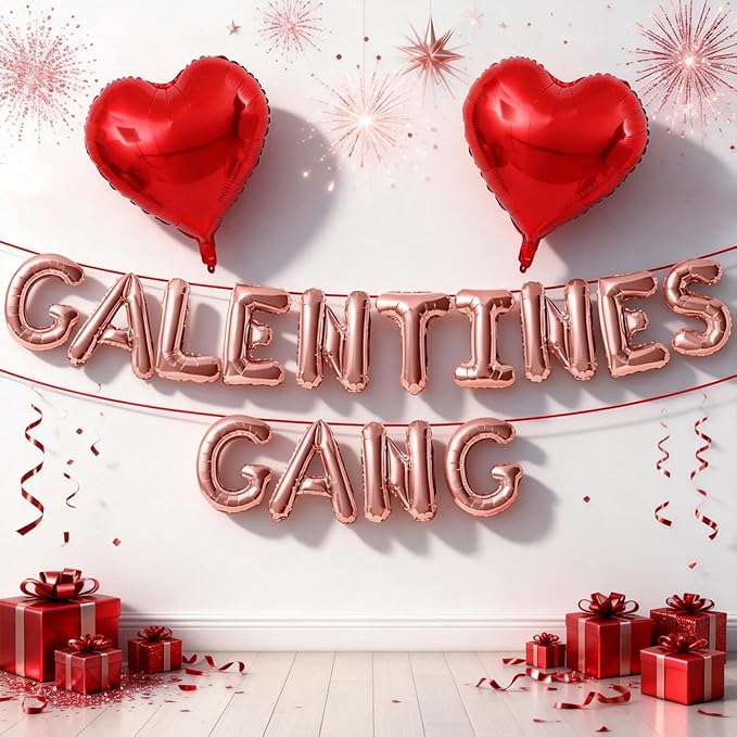 Galentines Day Balloons Banner, 16 Inch Rose Gold Galentines Gang Letters Balloons Decorations 18 Inch Red Heart Foil Mylar Balloon for Women Girls Ladies Galentine's Valentines Day Party Decoration