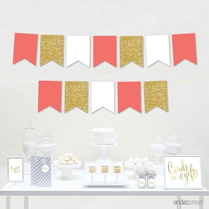 Andaz Press Hanging Pennant Banner with String, Coral, White, Faux Gold Glitter, 1-Set, 24 Pennants, Approx. 12-Feet Long, Nautical Bachelorette Party