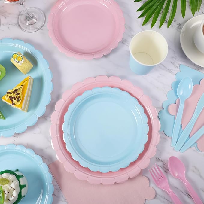 350 Pcs Baby Gender Reveal Plates and Napkins, 50 Guest Boy or Girl Gender Reveal Party Supplies Include Light Pink and Light Blue Plates Napkin Cup Plastic Spoon Fork Knive for Baby Shower