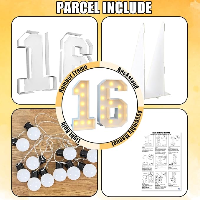 4ft Light Up Numbers Marquee 16 Numbers with Lights White Slots-in Frame for Men Women 16th Birthday Party Decorations Pre-Cut Mosaic Cardboard Large Cut-Out Thick Foam Board Sign Anniversary
