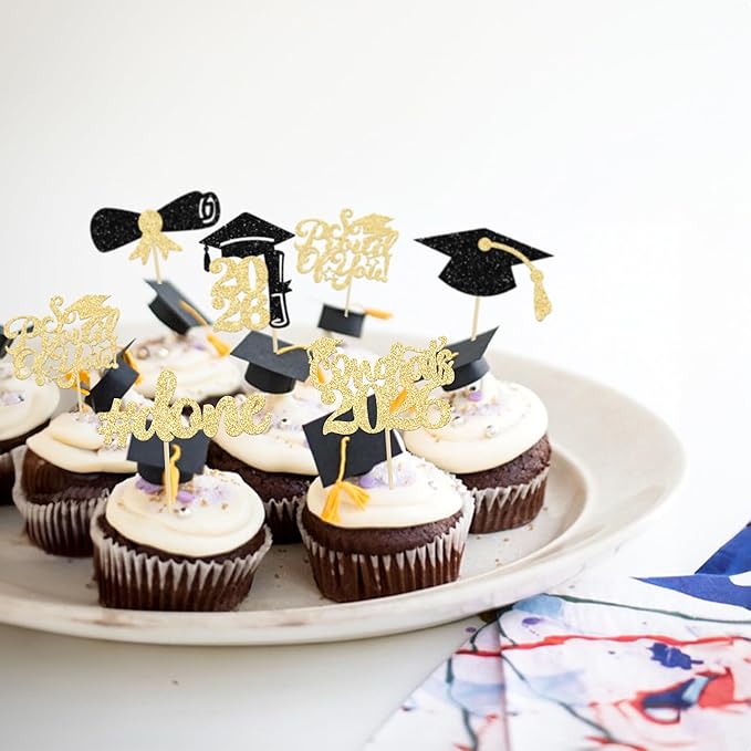 Gyufise 24Pcs Graduation Cupcake Toppers 2026 Gold Glitter Class of 2026 Cupcake Toppers Supplies So Proud of You Grad Cap Diploma Cupcake Picks for Graduation Party Decorations 2026