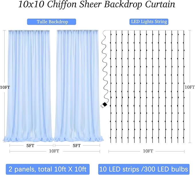10ft x 10ft Baby Blue Chiffon Backdrop Curtain with Lights String for Parties,2 Panels Sheer Tulle Curtain Wedding Photo Backdrop with Lights for Baby Shower Birthday Party Ceremony Home Decorations