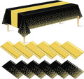 12 Pack Black Gold Tablecloth and Table Runner Set Party Decorations, Plastic Disposable Tablecloth and Satin Table Runner for Wedding Birthday Party (Black Gold)