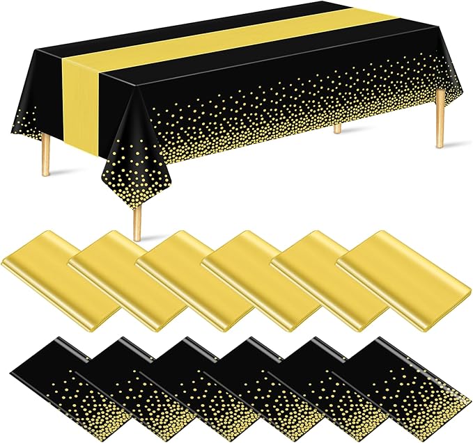 12 Pack Black Gold Tablecloth and Table Runner Set Party Decorations, Plastic Disposable Tablecloth and Satin Table Runner for Wedding Birthday Party (Black Gold)