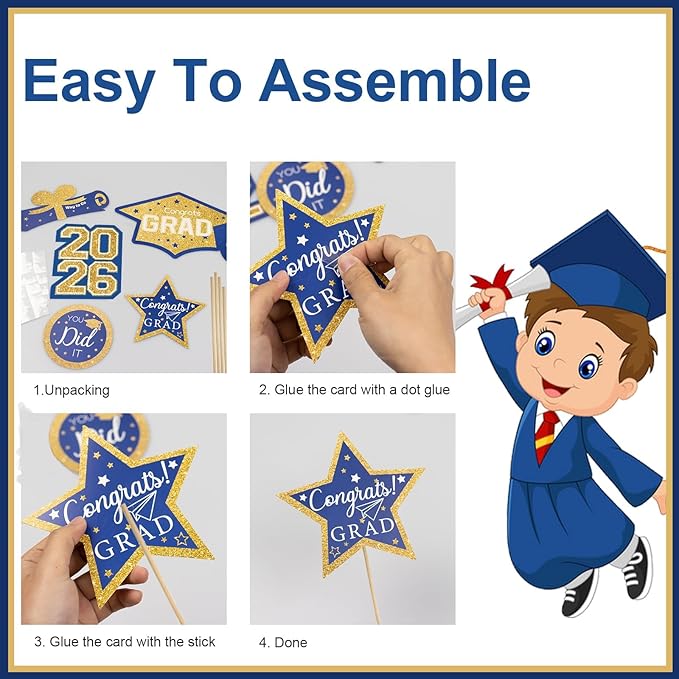 OuMuaMua Graduation Decorations Class of 2026-30pcs Blue and Gold Graduation Table Centerpieces Sticks Table Toppers with Lights for College High School Congrats Grad Party Supplies