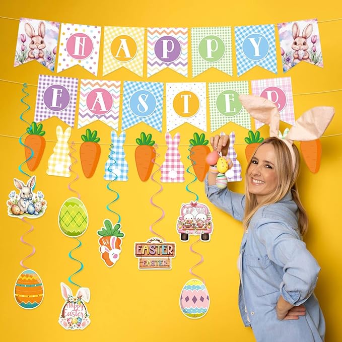 Happy Easter Banner Easter Decorations Bunny Easter Banner Garland Egg Bunny Hanging Swirls Easter Egg Bunny Party Decorations Easter Party Supplies Outdoor Indoor Home Office Spring Party Decoration