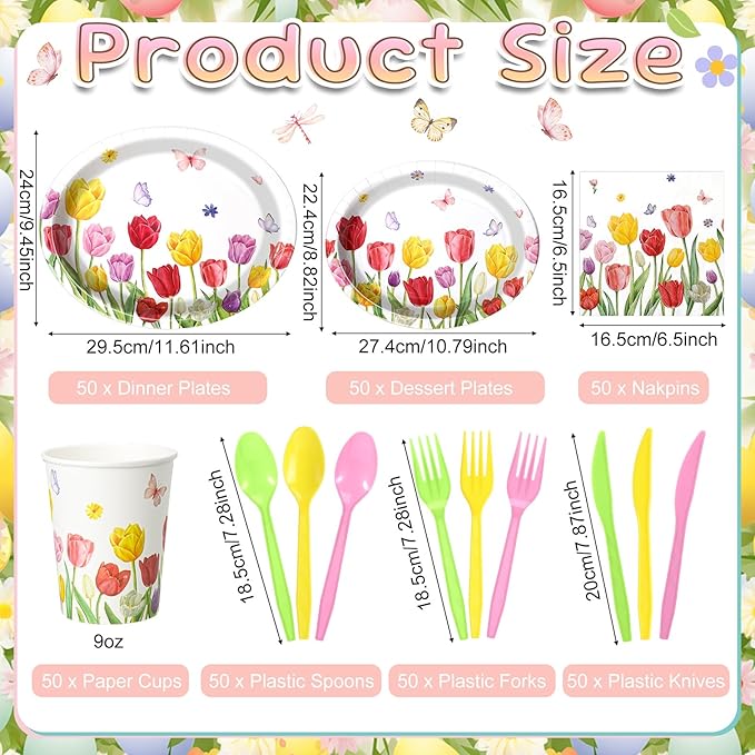 Havawish 350 Pcs Spring Floral Party Supplies Tulip Disposable Tableware Set Wild Flowers Butterflies Oval Paper Plates Cups Napkins Fork Knife Spoon Dinnerware for 50 Guests Spring Table Decorations