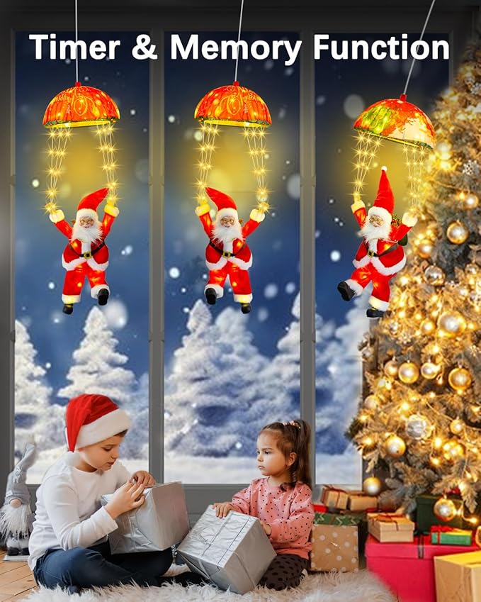 LED Christmas Decorative Hanging Lights with 1.31ft Parachute Santa Claus, Christmas Decorations Lights for Indoor Outdoor, Window, Garden, Home, Wall, Xmas Tree Decor