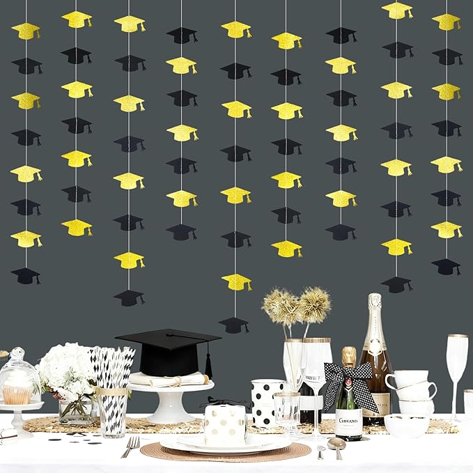 Black and Gold Graduation Garland Graduation Party Decorations Class of 2026 Grad Cap Garland Banner Streamers for Grad Party Hanging Decorations 39Feet