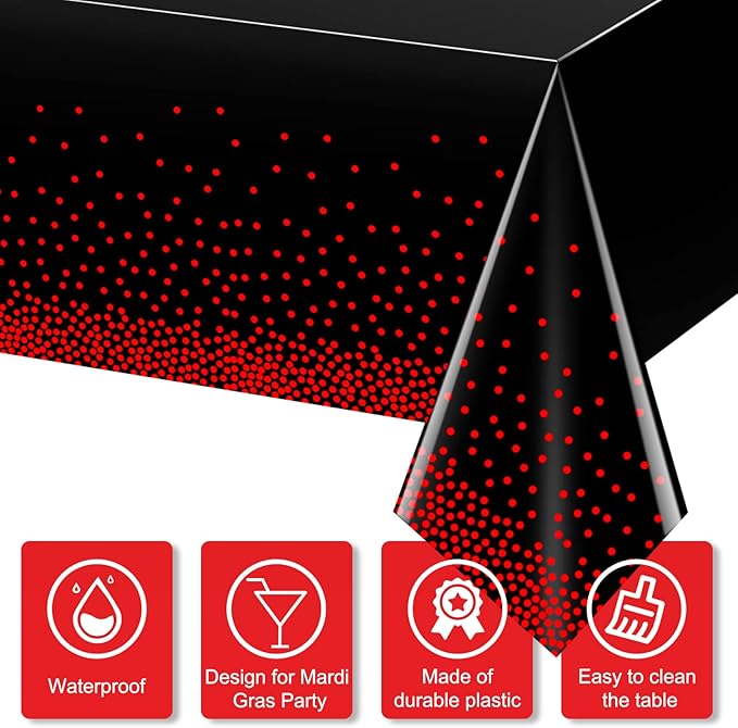 12 Pack Red and Black Dot Plastic Tablecloth, Red Stamping Dot Confetti Rectangle Plastic Disposable Table Cover for Birthday Wedding Baby Shower Engagement Anniversary Party Decorations, 54 x 108Inch