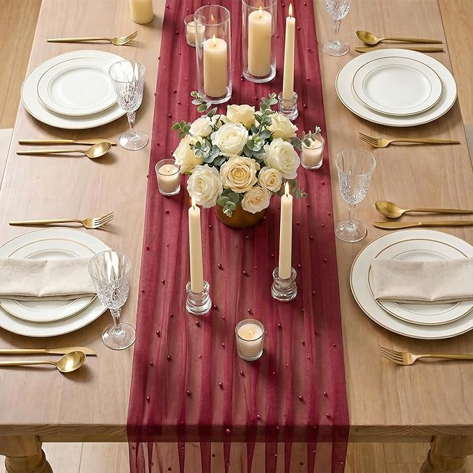 Artoid Mode 6PCS Pearl Burgundy Gauze Table Runner 120 Inch 10FT, Seasonal Sheer Dining Holiday Wedding Birthday Baby Shower Table Decor for Home Party