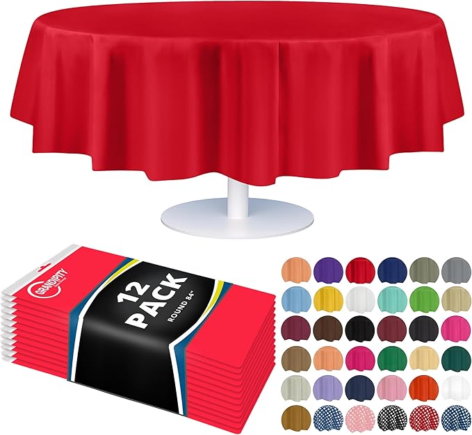 Grandipity 12 Pack Premium Disposable Plastic Tablecloth 84" Inch Decorative Round Table Cover - Red