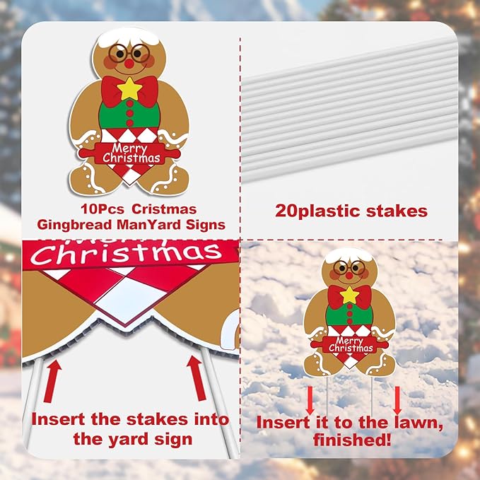 10 Pack Gingerbread Christmas Decorations, Christmas Gingerbread Man Yard Signs - Outdoor Lawn Decorations with Stakes, Holiday Pathway Markers for Garden, Patio, Xmas Party Decor