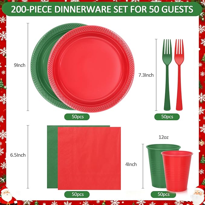 Christmas Plastic Plates and Napkins Set, Disposable 9'' Red and Green Dinner Party Plate and Cups and Napkins Set for 50 Guests, Dinnerware Sets for Christmas, Birthday,Wedding, BBQ